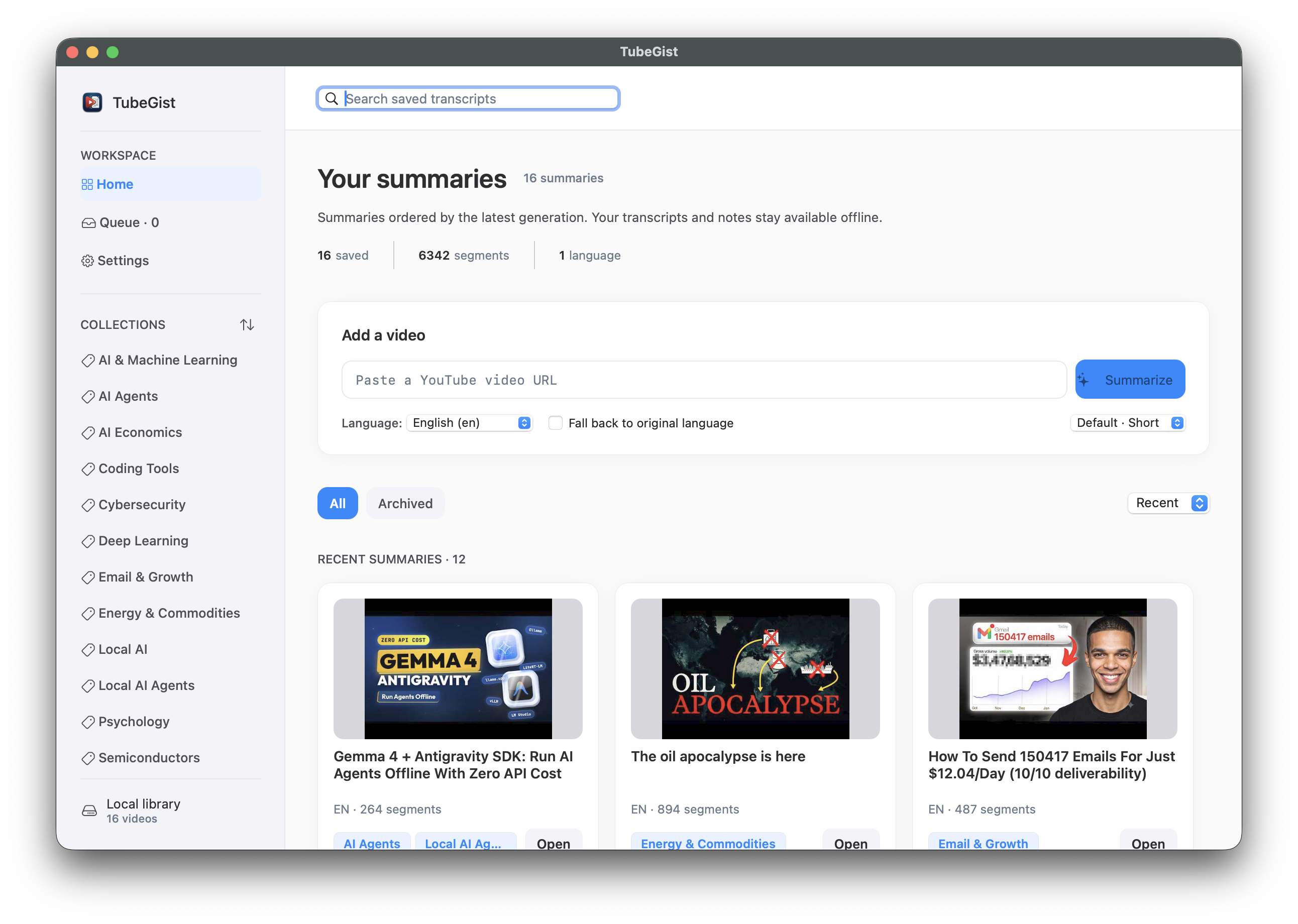 TubeGist Native App Library with Real Videos